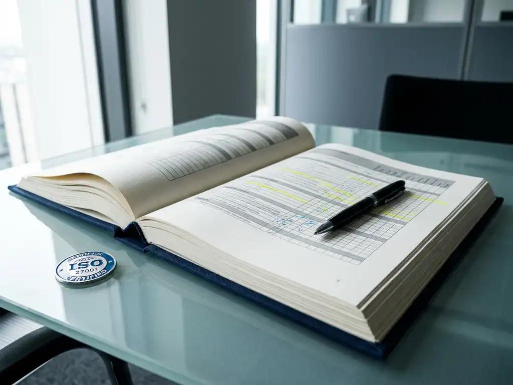 Open officieel documentmap met gestructureerde checklists en ISO 27001-certificeringsbadge op glazen bureau met zwarte pen.