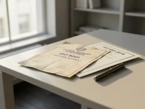 Verlopen ISO-certificaat met driejarig geldigheidsstempel naast een nieuw vervangend certificaat en pen op modern bureau.