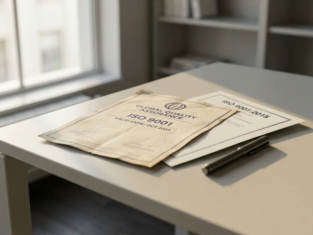 Verlopen ISO-certificaat met driejarig geldigheidsstempel naast een nieuw vervangend certificaat en pen op modern bureau.