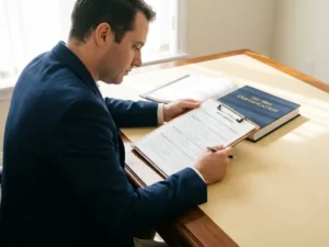 Professional die een auditchecklist op klembord bestudeert naast een open ISO-certificeringsbinder op modern bureau.