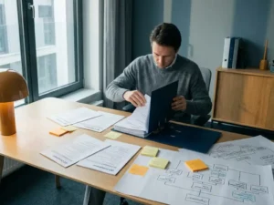 Professional assembleert ISO-compliance documentatie aan minimalistisch bureau, omringd door checklists en sticky notes in warm amber en leisteenblauw licht.