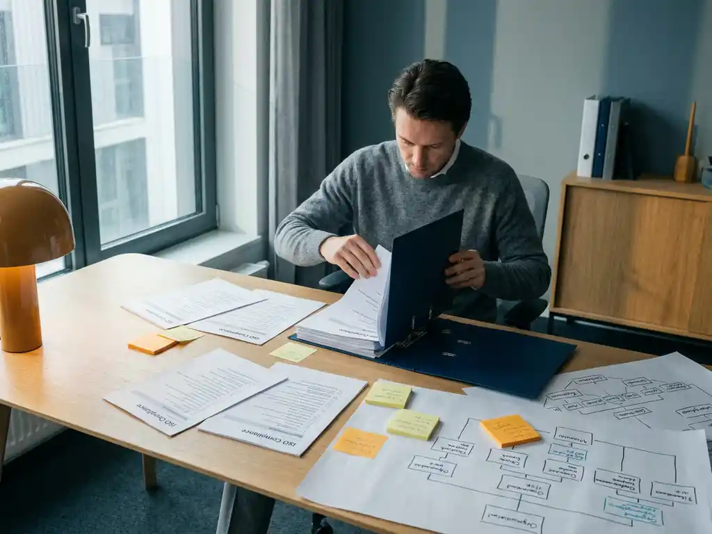 Professional assembleert ISO-compliance documentatie aan minimalistisch bureau, omringd door checklists en sticky notes in warm amber en leisteenblauw licht.