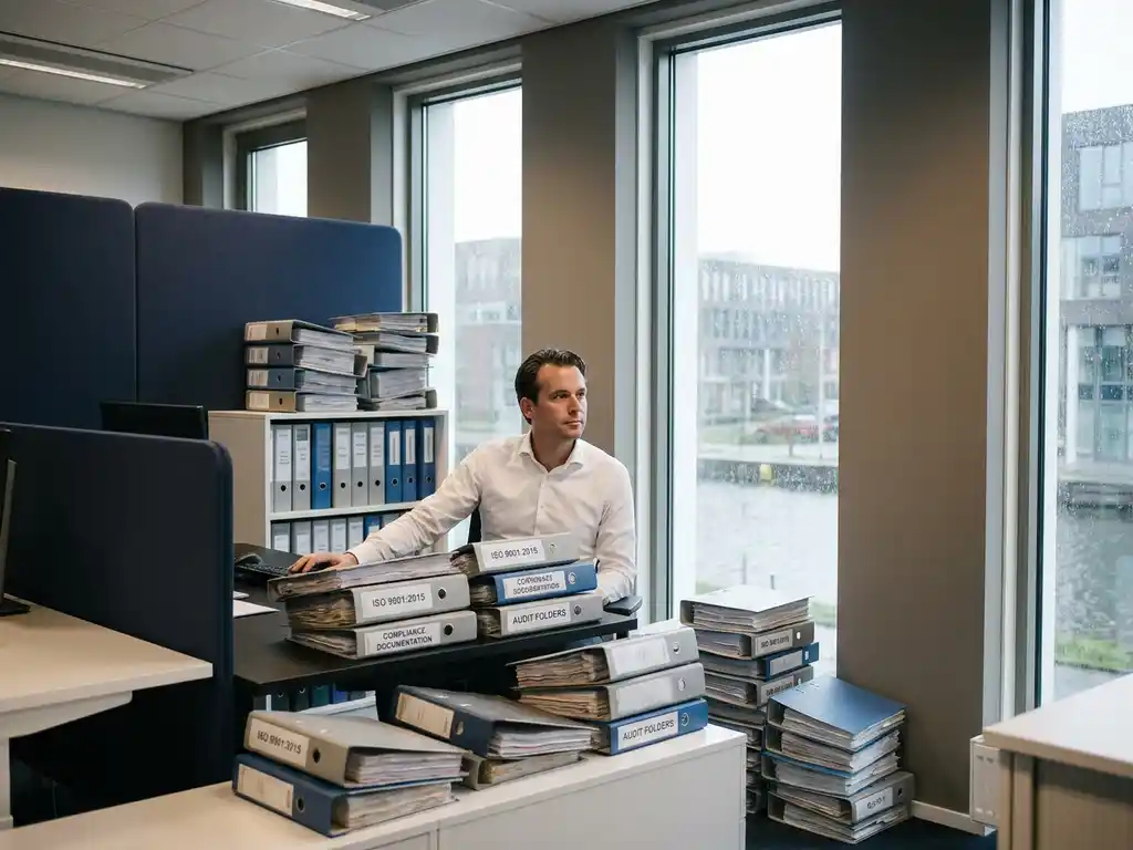 Professional in wit overhemd aan minimalistisch bureau, omringd door hoge stapels ISO-documentatie en compliance-mappen, modern Nederlands kantoor.