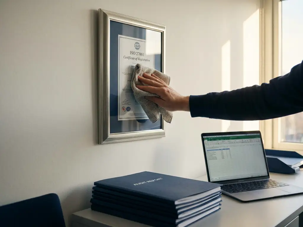 Professionele hand die een ingelijst ISO 27001-certificaat aan een kantoorwand poetst, met auditdossiers en laptop op bureau eronder.