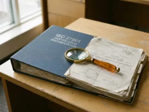 Opengeslagen ISO 27001-certificeringsbinder op kantoorbureau met overlappend regelgevingsdocument en vergrootglas.