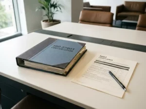 Versleten ISO 27001-certificeringsmap naast een nieuw NIS2-compliancedocument met pen op een modern bureau in een kantooromgeving.