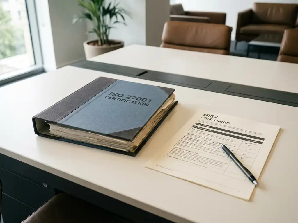 Versleten ISO 27001-certificeringsmap naast een nieuw NIS2-compliancedocument met pen op een modern bureau in een kantooromgeving.