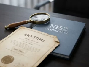 ISO 27001-certificaat en NIS2-compliance map op bureauoppervlak met vergrootglas, suggererende vergelijking van beide normen.