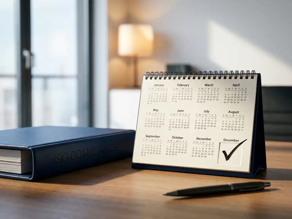 Bureaukalender met jaarplanning en vinkje op de laatste maand, naast een ISO-compliance map in moderne kantooromgeving.