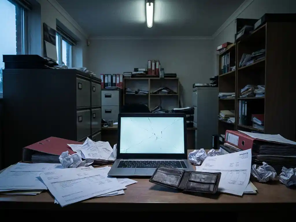Kleine kantoorruimte in wanorde met gebarsten laptopscherm, verspreid liggende facturen en lege portemonnee op rommelig bureau.