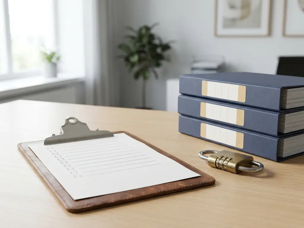 Leren klembord met checklist op modern bureau naast combinatieslot en beleidsordners in professionele kantooromgeving.