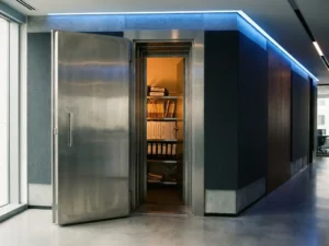 Zware stalen kluisdeur op een kier in moderne kantoorgang, met regelgevingsdocumenten zichtbaar en warm amber licht.