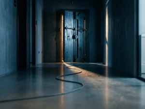 Zware stalen kluisdeur op een kier in moderne kantoorgang, met een smalle straal warm licht en een ethernetkabel op betonnen vloer.