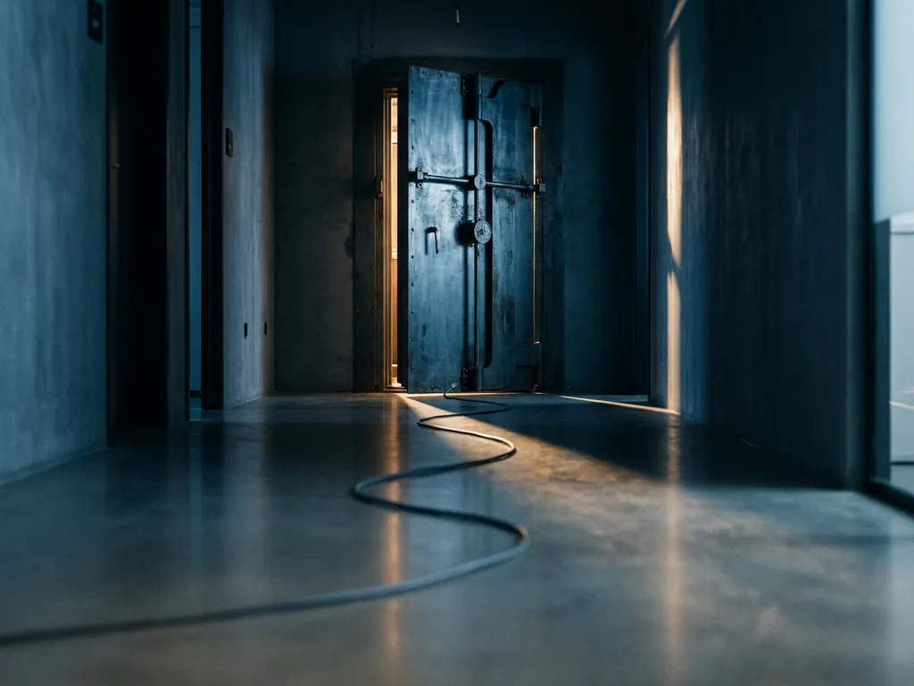 Zware stalen kluisdeur op een kier in moderne kantoorgang, met een smalle straal warm licht en een ethernetkabel op betonnen vloer.