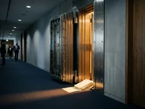 Zware stalen kluisdeur op een kier in moderne kantoorgang, officieel document tegen de deurpost, warm amberkleurig licht.