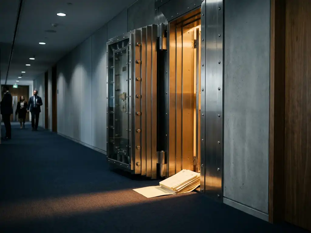 Zware stalen kluisdeur op een kier in moderne kantoorgang, officieel document tegen de deurpost, warm amberkleurig licht.