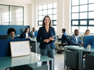 Zelfverzekerde professional in zakelijk pak in modern open kantoor met collega's op de achtergrond en organisatieschema op glazen bureau.