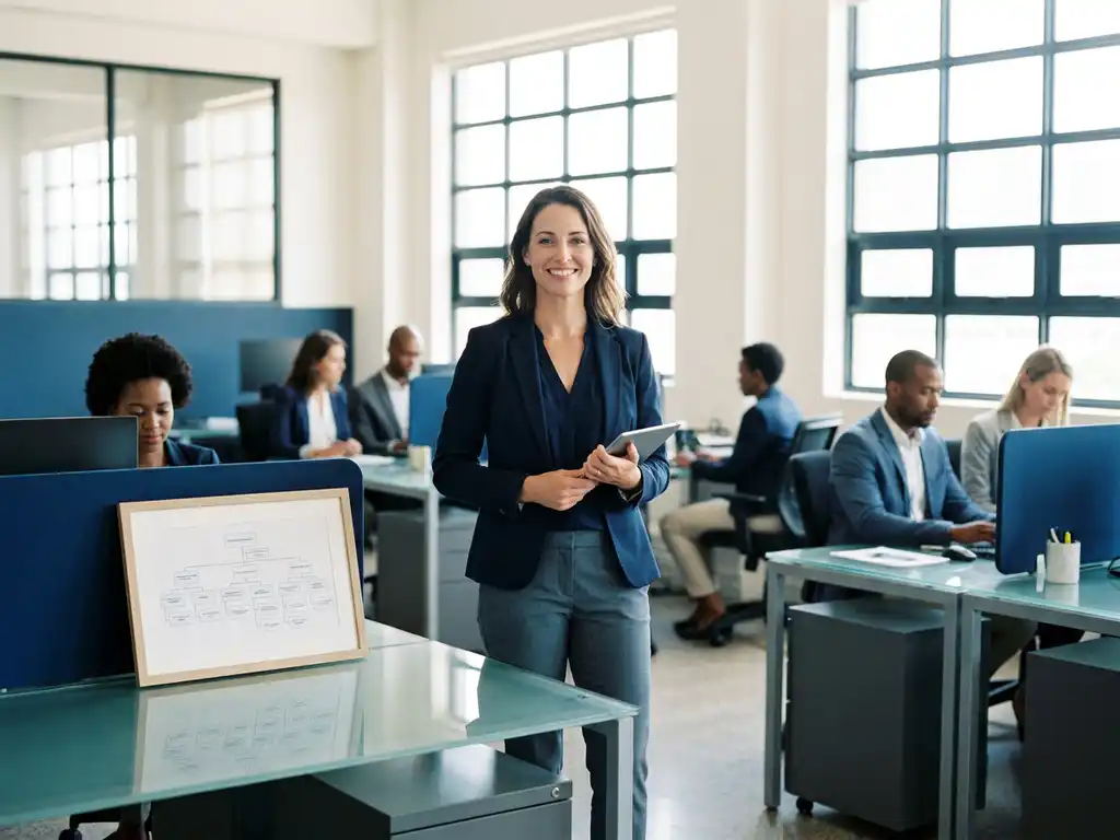 Zelfverzekerde professional in zakelijk pak in modern open kantoor met collega's op de achtergrond en organisatieschema op glazen bureau.
