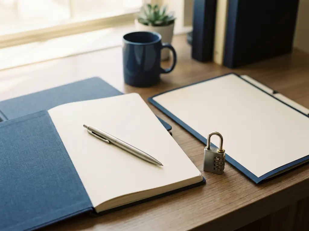 Opengeklapt notitieboek met pen op modern bureau naast een combinatieslot en map, zacht natuurlijk licht.