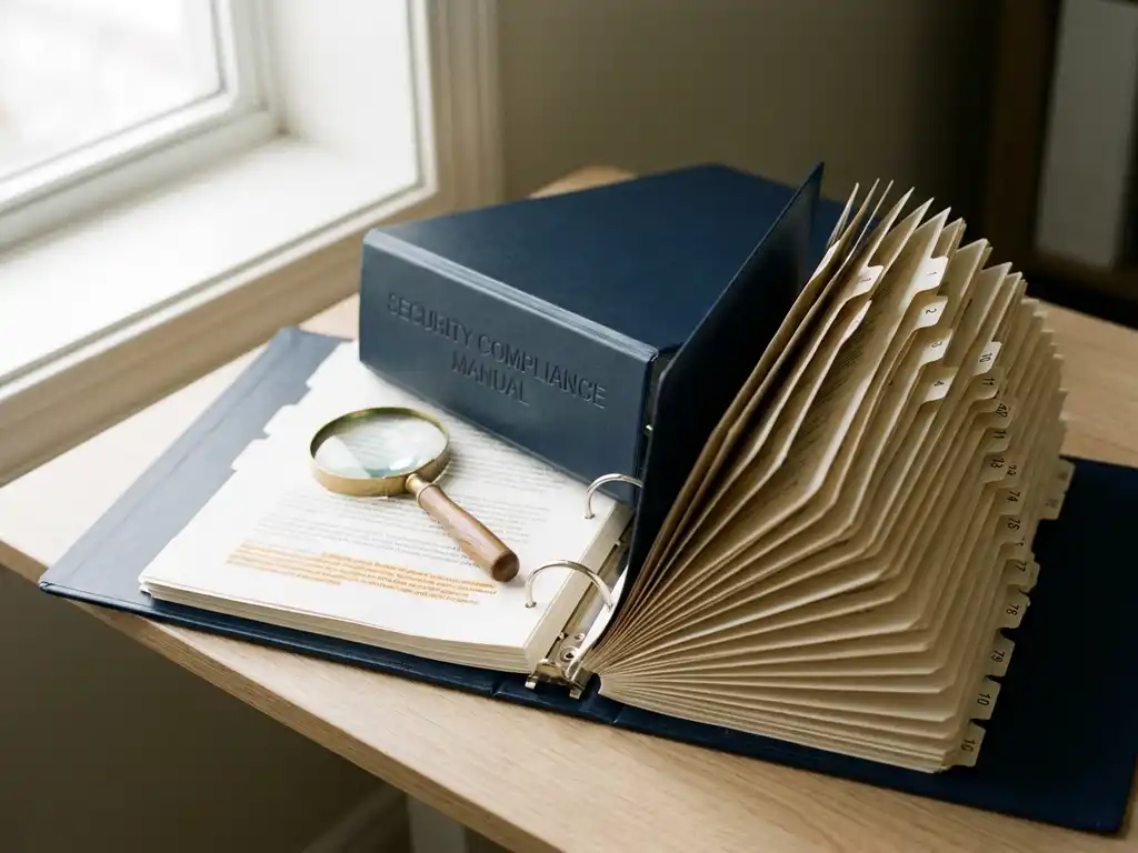 Opengeslagen nalevingsbinder met genummerde tabbladen op modern bureau, vergrootglas op gemarkeerde pagina, zacht natuurlijk licht.