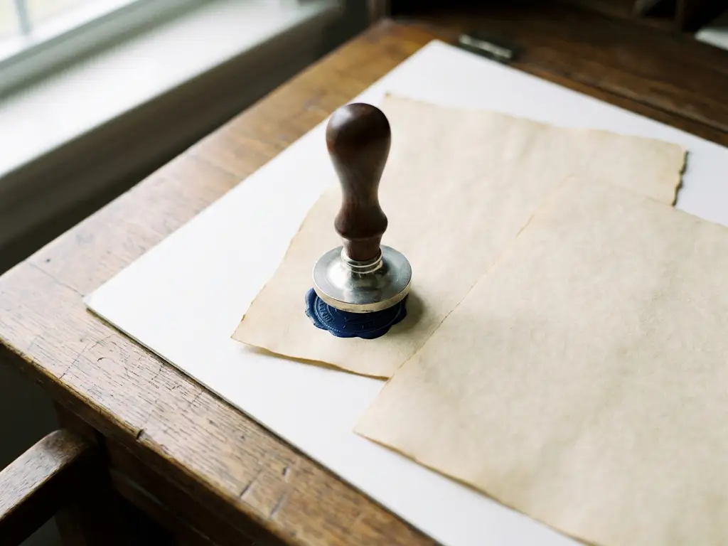 Officieel zegelstempel dat op een formeel document wordt gedrukt, met een tweede document ernaast op een wit bureau.