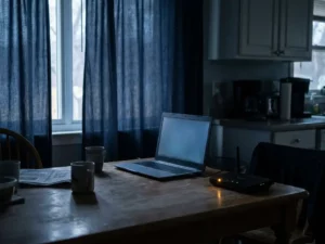 Laptop op keukentafel naast knipperende onbeveiligde Wi-Fi-router, sfeervol licht met amberkleurig waarschuwingslampje.
