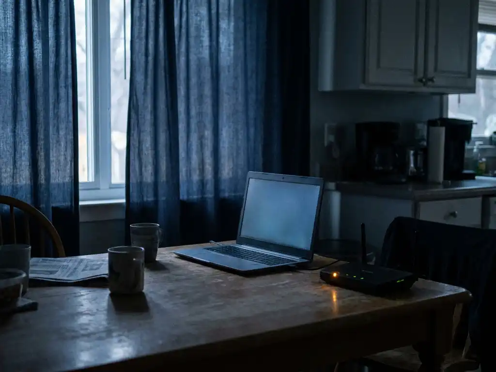Laptop op keukentafel naast knipperende onbeveiligde Wi-Fi-router, sfeervol licht met amberkleurig waarschuwingslampje.