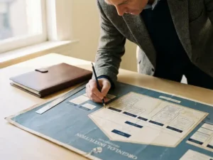 Professional markeert grenzen op een gedetailleerde organisatiekaart aan een wit bureau, met leren documentmap en liniaal erbij.