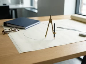 Passer die een grensli­jn trekt op een technische plattegrond, met een beveiligingsmap en leesbril buiten de afgebakende zone.