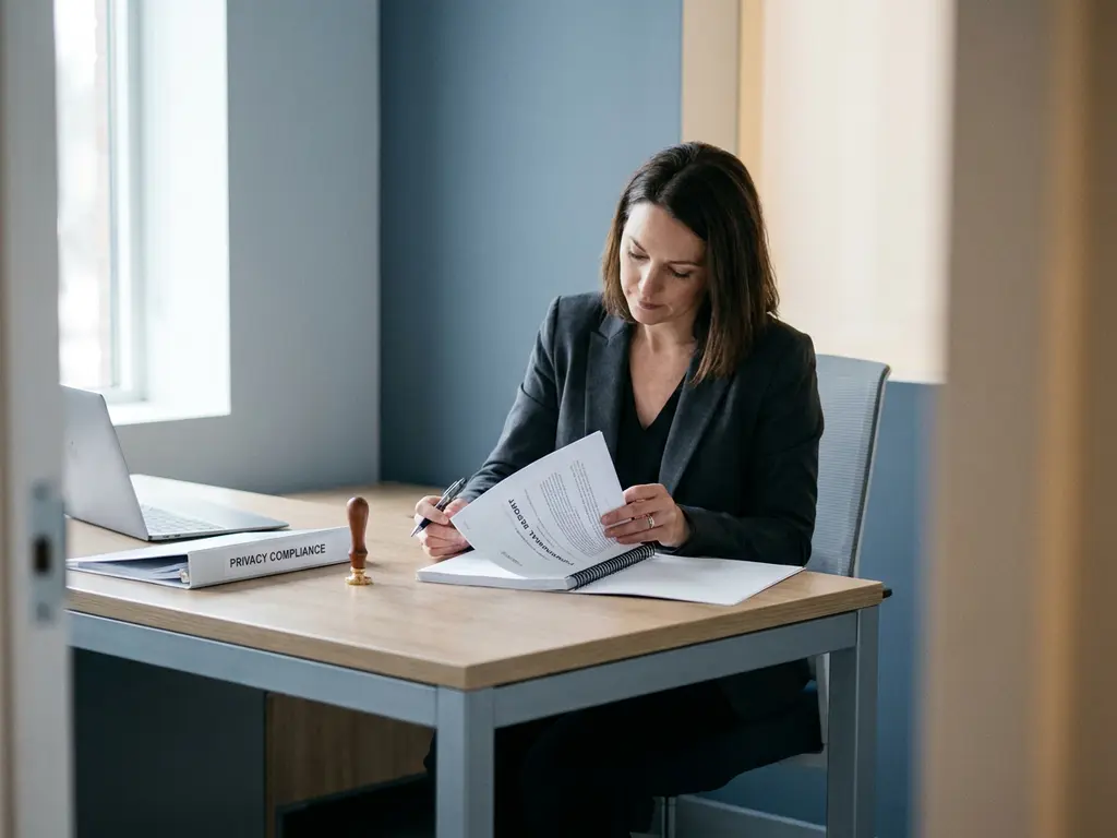 Consultant bestudeert formeel document aan modern bureau met privacycompliancemap en laptop in koel blauwgrijs kantoor.