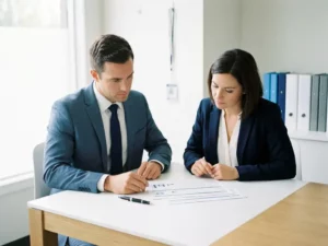 Professional in zakelijk pak bestudeert gestructureerd document aan modern bureau met pen, map en beveiligingsbadge op de achtergrond.