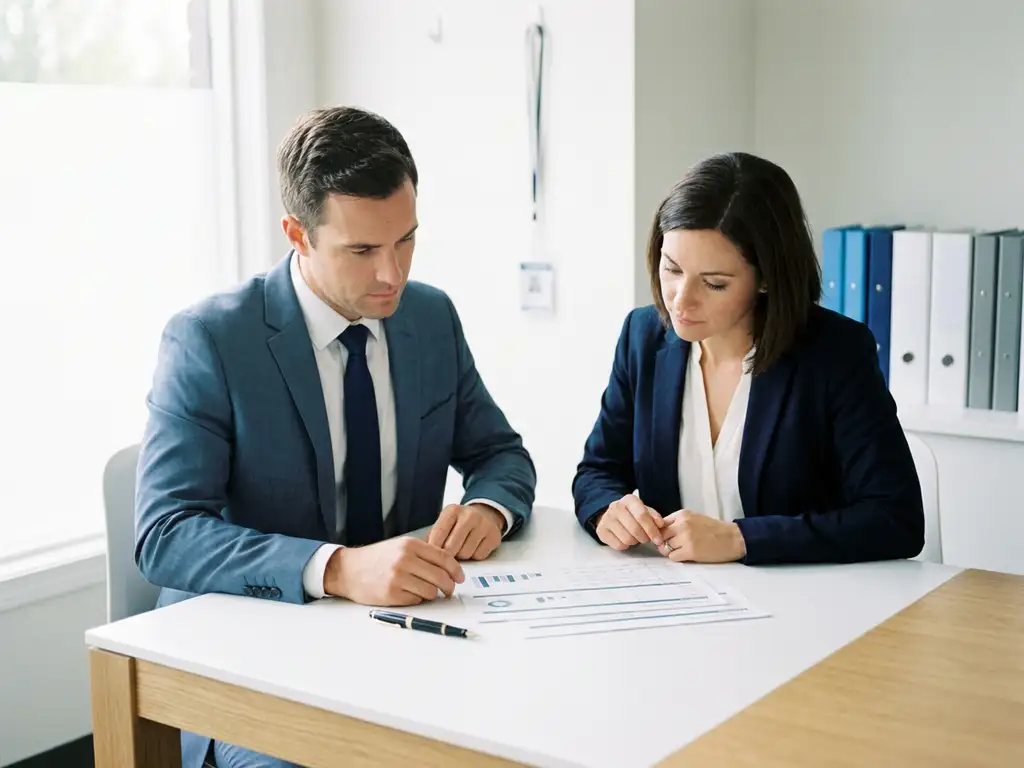 Professional in zakelijk pak bestudeert gestructureerd document aan modern bureau met pen, map en beveiligingsbadge op de achtergrond.