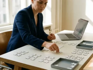 Professional die het eerste puzzelstuk op een minimalistische bureau plaatst, laptop op achtergrond, zacht natuurlijk licht.