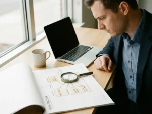 Beveiligingsprofessional bestudeert risicoanalyse met vergrootglas op modern bureau, laptop op achtergrond, zacht natuurlijk licht.