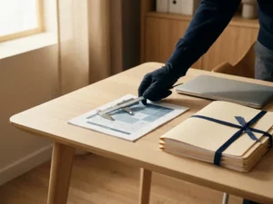 Hand van een beveiligingsconsultant die een meetinstrument plaatst op een gestructureerd risicoanalyse document op een modern bureau.