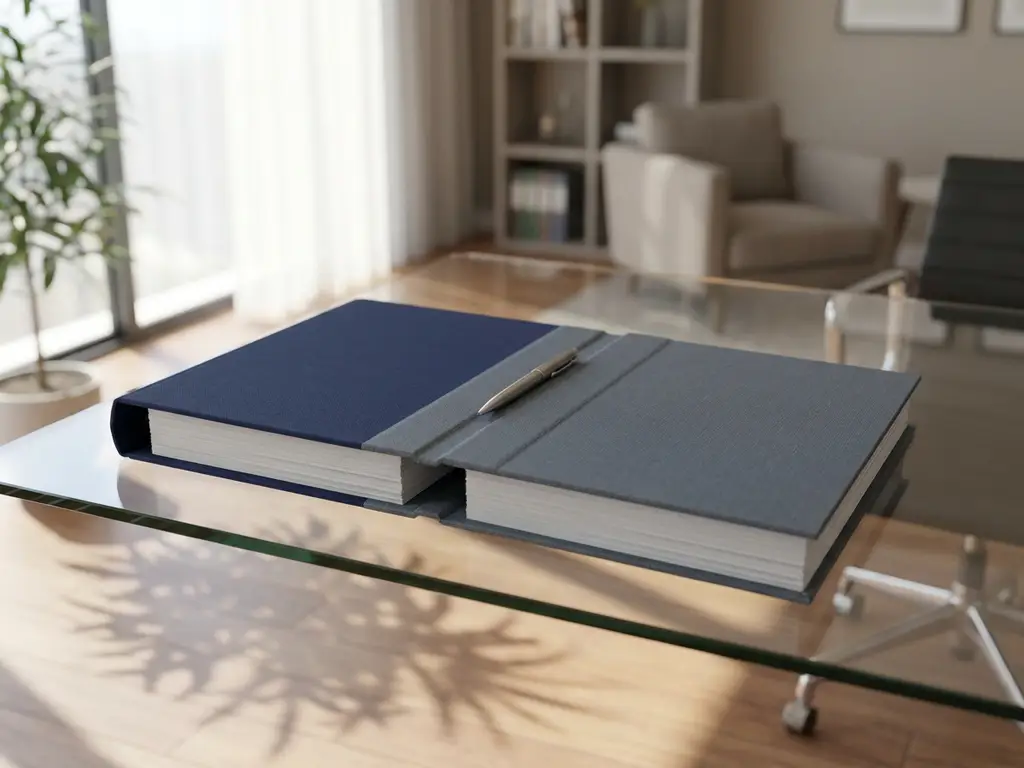 Twee professionele ordners in marineblauw en antraciet die samensmelten op een glazen bureau, met een pen erover, in een modern kantoor.