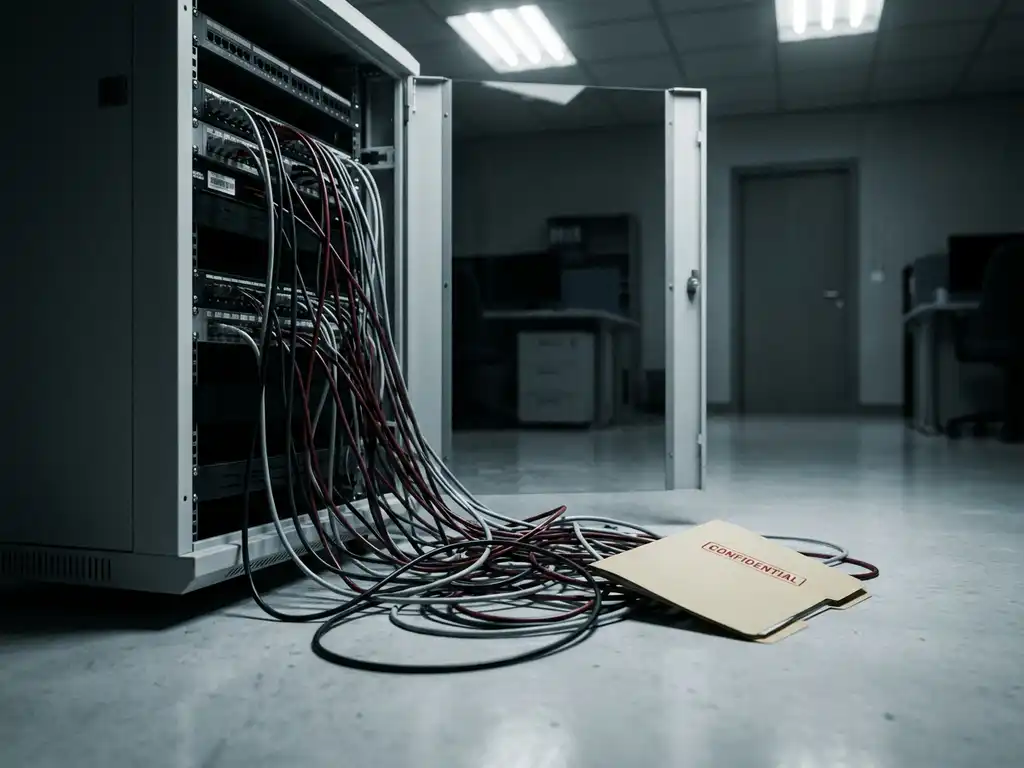 Open serverkast met verstrengelde kabels op kantoorvloer, vertrouwelijk document zichtbaar onder fel tl-licht in gespannen sfeer.