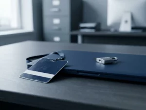 Omgedraaid medewerkersbadge op een kantoorbureau naast een dichte laptop met hangslot, symboliseert het intrekken van toegangsrechten.