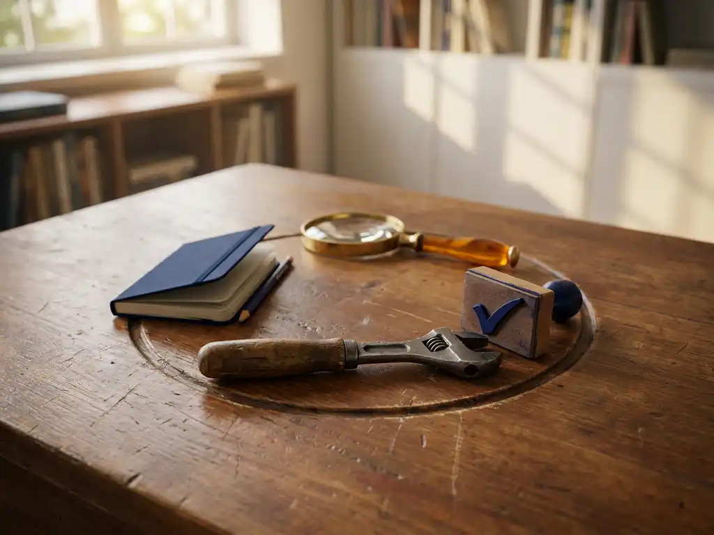 Houten bureau met vier aaneengesloten verbeteringsfasen: notitieblok, vergrootglas, moersleutel en afstempelstempel in een cirkelstructuur.