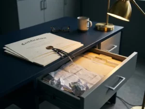Stapel certificeringsdocumenten naast een halfopen bureaulade met verborgen facturen en mappen, zacht amberkleurig lamplicht.