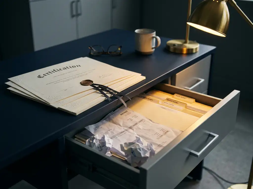 Stapel certificeringsdocumenten naast een halfopen bureaulade met verborgen facturen en mappen, zacht amberkleurig lamplicht.