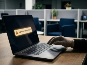 Waarschuwende e-mailmelding op laptopscherm met hand die aarzelt boven toetsenbord in modern kantoor.