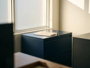 Vergrendeld stalen archiefkast met vertrouwelijke documentmap en hangslot in modern kantoor met zacht natuurlijk licht.