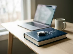Officieel overheidsdocument met marineblauw omslag en combinatieslot op modern bureau, laptop op achtergrond.