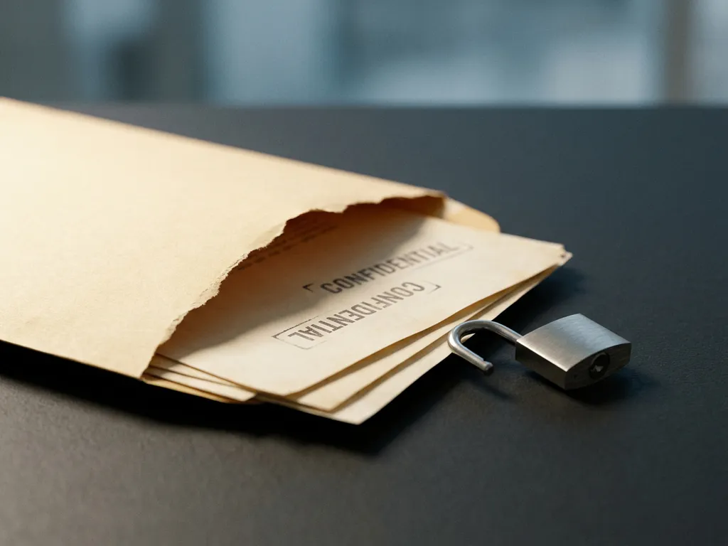 Opengevallen manillaenvelop met gedeeltelijk zichtbare vertrouwelijke documenten en een geopend hangslot op een minimalistisch bureau.
