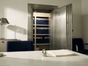 Stalen kluisdeur op een kier met geordende clientmappen zichtbaar, hangslot op wit bureau op de voorgrond, professionele kantooromgeving.