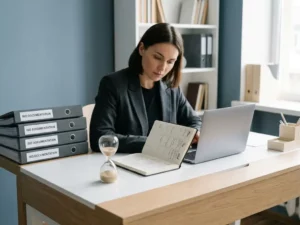 Professional aan modern bureau met weekplanner, zandloper en ISO-documentatiemappen voor efficiënt tijdbeheer.