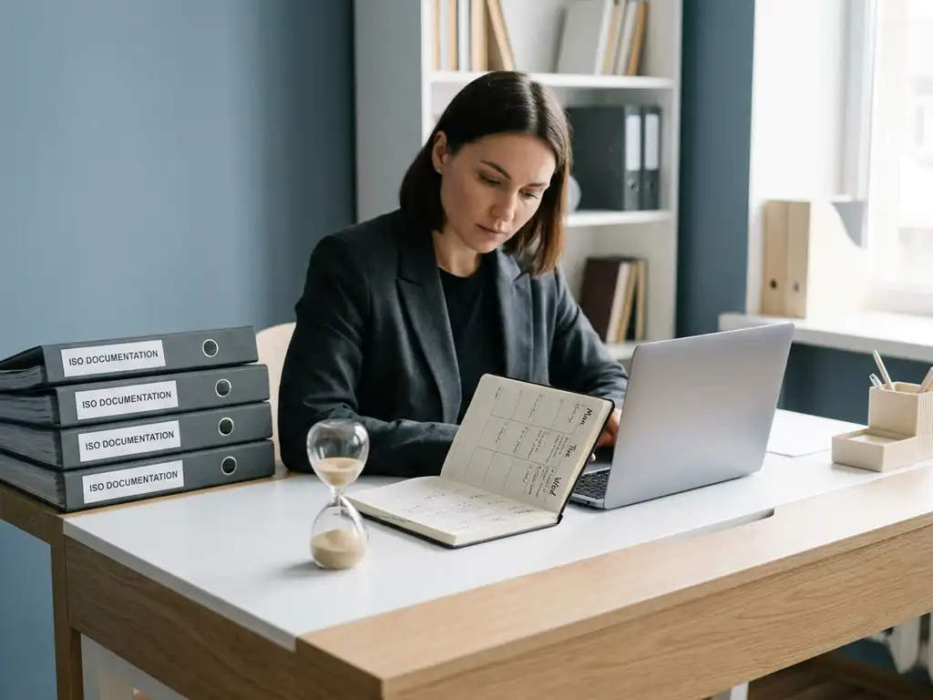 Professional aan modern bureau met weekplanner, zandloper en ISO-documentatiemappen voor efficiënt tijdbeheer.