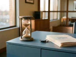 Versleten houten zandloper met stromend zand naast compliance-documenten en beveiligingsbadge op modern bureau.